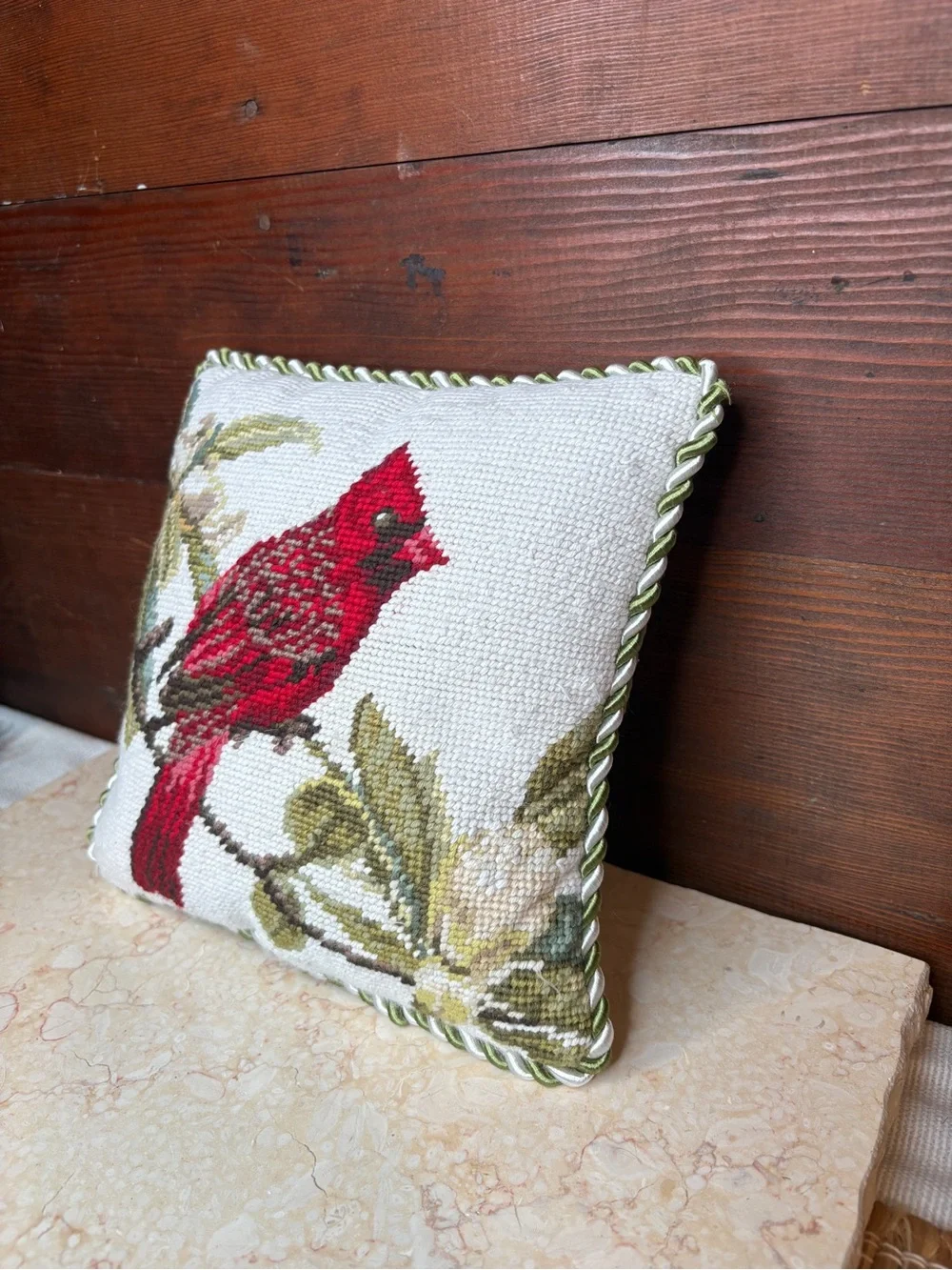 Vintage Crewel Needlepoint Cardinal Decorative Pillow Green Velour Back